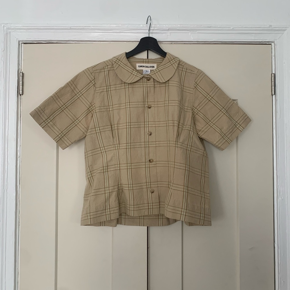 Caron Callahan Westley Top in Khaki Windowpane